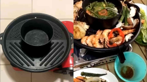 กระทะปิ้งย่างมีรูระบายน้ำมัน 2 รู วางได้ทั้ง เตาถ่าน เตาแก๊ส