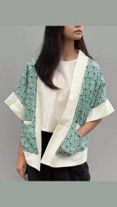 เสื้อคลุมแขนสั้นผ้าแฮนด์บล็อคอินเดีย เดินขอบด้วยผ้าฝ้าย