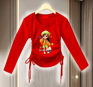 Top Crop Murah Atasan Baju Wanita Model Korean & Happy Girl Labubu Serut Samping 2 Sisi Lengan Panjang