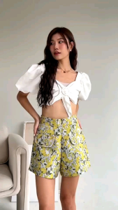 กางเกงขาสั้นผ้าทอลายดอก ผ้าทอเนื้อหนา เอวสูง ซิปหลัง ทรงสวยเรียบหรู💖