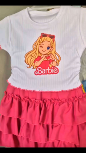 Little Vella Sanrio Kuromi Barbie Lettuce Edge Rib Knit Top & Tiered Ruffle Skirt( 3-12 Years Old)