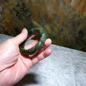 56.5mm Nephrite yellowish greenish hand carved Plum Blossom Jade bangle (with certificate) 56.5毫米和田玉黄绿青俄碧玉手工雕刻梅花手镯(带证书)