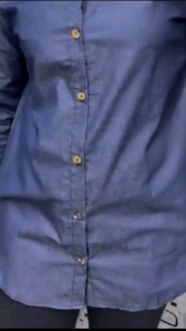 Blue denim cotton full button shirt for women plain comfortable fashion blouse suitable for formal and casual occasions.