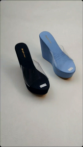 Bryan Adzkia Denim Glossy Brokat Wedges Sandal 12cm Transparan Nyaman Berkualitas