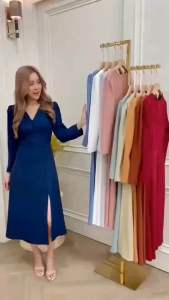 MP029 เดรสผ้าทวิล คอวี แต่งกระดุมหน้า แขนยาว - เดรสผ้าเดินลงที่ 29