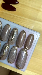 Premium custom press on nail nude cat eye + chrome ake nail kuku palsu custom