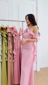 ชุดเดรส ชุดออกงาน ชุดราตรี FP037 เกาะอก ปิดแขน มีฟองน้ำ