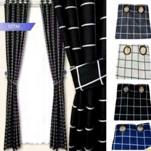 Gorden Jendela Motif Kotak Kotak 10 Ring Hordeng Pintu Tirai Minimalis