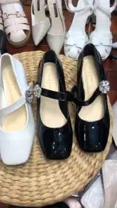 Giày cao 5cm gót thô da bóng quai dán đính đá hình hoa sang đẹp ( phom 15)