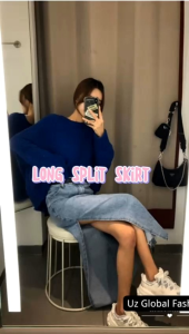 (READY STOCK)High Waist Side Split Frayed Hem Denim Skirt For Women jeans Blue P006