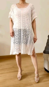 ●ECLAIRE● 003 Long Outer Blouse Blus Knit Rajut Lengan Pendek Shortsleeves Openwork Jaring Pantai Kasual Casual Liburan Mode Boho Bohemia Santai Import J1010