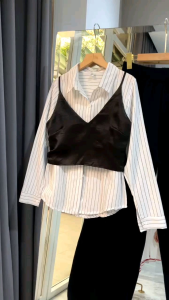 ●ECLAIRE● 043 Kemeja 2in1 (Inner Kemeja dan Outer Vest Satin) Korea Kasual Casual Modis Mode Trendy Motif Salur Stripe Garis Import bogz