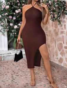 Plus Size Halter Neck Maxi Dress with Slit (Cris)