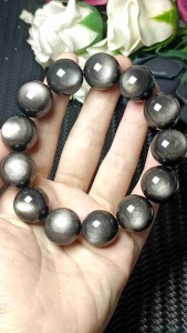 Grade 7A Silver Obsidian Crystal Stone bracelet  18mm+ 高货7A亮光眼猫眼招财银曜石手串 18mm+
