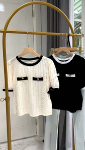 ●ECLAIRE● 043 Blouse Blus Knit Rajut Lengan Pendek Shortsleeves List Oneck Korea Basic Dasar Mode kasual Casual Import 6379