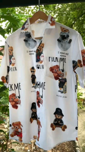 เสื้อเชิ้ตวินเทจ ผ้าไหมอิตาลี ผู้หญิงแสงความสวย น้องหมี เสื้อเชิ้ตแขนสั้น ผ้าอบ้าง