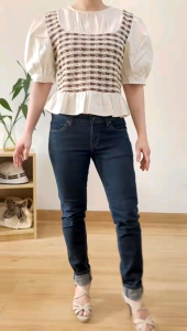 ●ECLAIRE● 043 Blouse Katun Rajut Knit Lengan Pendek Shorsleeves Motif Houndstooth HS Rolinka Korea Kasual Casual Kerja Santai Import