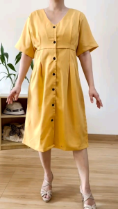●ECLAIRE● 063 Dress Selutut Vneck Lengan Pendek Shortsleeves Basic Kasual Casual Polos Plain Dailywear Kuning Mustard 978