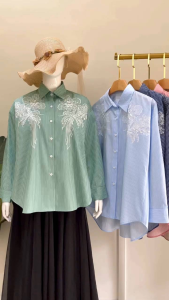 Blouse Kemeja Salur Bordir Katun Jepang Import | Atasan Wanita Best Seller | Blouse Wanita Kekinian