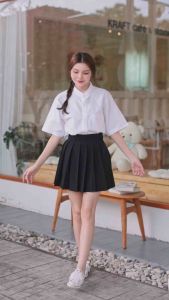 เสื้อนักศึกษาทรงบอย คอจีน ผ้าดิบ(อ๊อกฟอร์ด) ไซต์ S-50นิ้ว