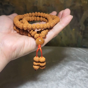 9.7mm Natural 9 Mukhi (Faces) "Coiling Dragon" abacus shape Rudraksha with 13.5mm Type A Yellow Jadeite 108 mala necklace 九瓣盘龙飞碟小金刚菩提配黄翡圆珠108念珠项链