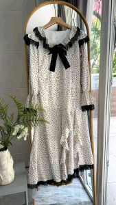 ●ECLAIRE● 043 Dress Midi Lengan Panjang Longsleeves Ruffle Pita Lace Motif Polkadot Pesta Kondangan Anniversary Korea Kerja Import bmoi