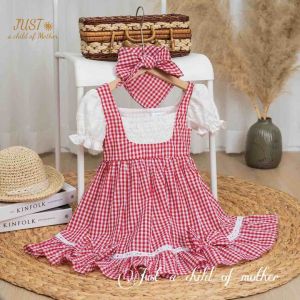 Váy kẻ bé gái cosplay phối ngực và tay trắng kèm nơ nhỏ xinh xắnchất thô mềm mát