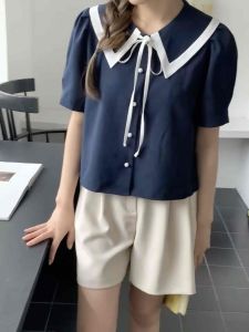 blossom collar blouse 3color ivory skyblue navy เชิ้ตคอปกแขนสั้น