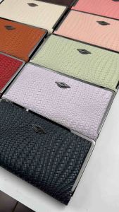 Elegant Woven Textured Long Wallet with Metallic Frame