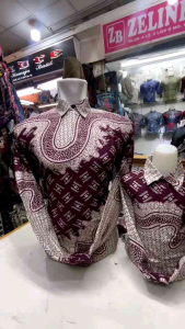 Kemeja Batik Pria Lengan panjang Burgundy couple ayah dan anak bahan katun solo lapis furing