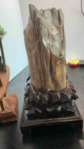 TSK Crystal SHY009 天然树化玉 黄里透白 色泽圆润 特制雕刻实木底座 Natural Tree Fossil Jade