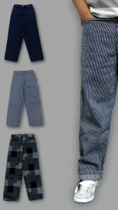 Jeans Pria Full Length Gaya Retro Motif Geometris Full Length