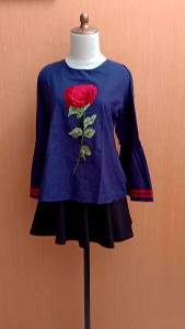 atasan wanita lengan panjang terompet M L cewek biru tua navy motif bunga timbul MEWAH