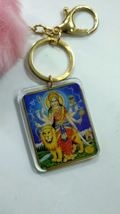 Goddess Durga Devi Keychain with Fluffy Pom Pom