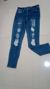 celana panjang wanita biru tua denim ripped jeans WORKS cewek S pensil cute