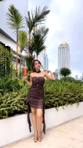 NICHA. มินิเดรสคล้องคอ ระบายข้าง ผ้าซีทรูติดเพชร