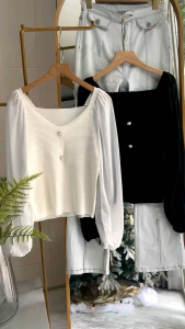 ECLAIRE 043: Blouse Knit Rajut Kombinasi Sifon Chiffon Lengan Panjang Longsleeves Korea Kasual Kerja Feminim Import