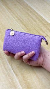 Single Zipper Double Layer Leather Plain Wallet Large Capacity Cardholder Coin Purse with Hand Strap