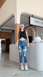 คลินิกสุขภาพยอดนิยม กางเกงยีนส์ทรงบอย แต่งขาด ยีนส์ไม่ยืด และสวยให้ดี เนื้อผ้าเป้าหมาย 34 นิ้ว และ 12 นิ้ว