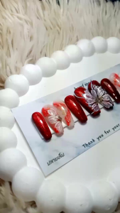 เล็บเจลแท้ สีแดงลูกแก้เพ้นท์ดอกไม้ลายหินอ่อน