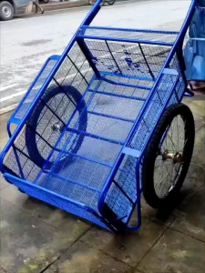 รถเข็นพ่วงท้ายมอเตอร์ไซค์ (วงล้อใหม่ 26 นิ้ว)รถเข็นพ่วงสองล้อโครงเหล็กสีน้ำเงิน(กระบะ72x108cm)-มีขาตั้งล็อค/พับได้