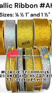 Metallic Ribbon #AK226 in gold and silver sizes ¼ ½ 1" and 1½" suitable for crafting and gift wrapping.