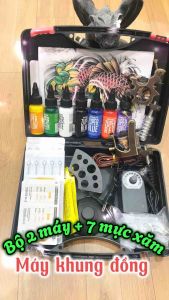 Bộ 2 máy xăm khung đồng loại tốt kèm 7 mầu mực xăm