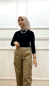 Celana Cargo Wanita Highwaist Twill Combad Stretch