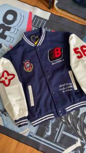 Áo khoác varsity áo khoác bomber bóng chày hình thêu xù phong cách năng động áo bomber chất dạ dày dặn phối tay da