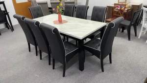 EWJ M3880 Laminate White Mable Dining Table+01-PU Black Parson Chair Dining Set 1+8 / Laminate White Meja Makan 8seater 90x180cm Morden Murah Cantik Meja Makan