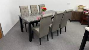 EWJ M3660 Laminate White Mable Dining Table+02-PU Grey Parson Chair Dining Set 1+6 / Laminate Mable Meja Makan 6seater Murah Cantik Morden Set Makan