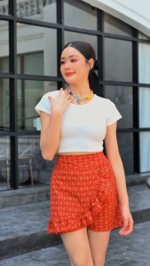 กางเกงกระโปรงลายไทย ขาสั้น กระเปงลายไทยขาสั้นระบายหน้า