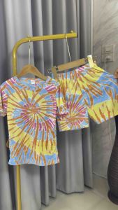 ชุดเด็ก ลายมัดย้อม ลายสงกรานต์ แขนสั้นขาสั้น ผ้าไมโคร นิ่มบางเบาใส่สบายสีสดซักง่ายสีไม่ตก(ส+ส) มัดย้อมวงกลม