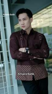 Amaira Batik Kemeja Batik PERDANA Burgundy Baju Batik Pria Dewasa Lengan Panjang Batik Pria Merah Maroon Slimfit Full Furing